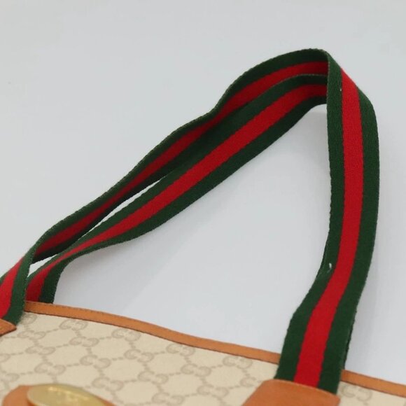 GUCCI GUCCI Plus Supreme Web Sherry Line Tote Bag PVC Cream Gold Auth gh487 - Picture 8 of 15